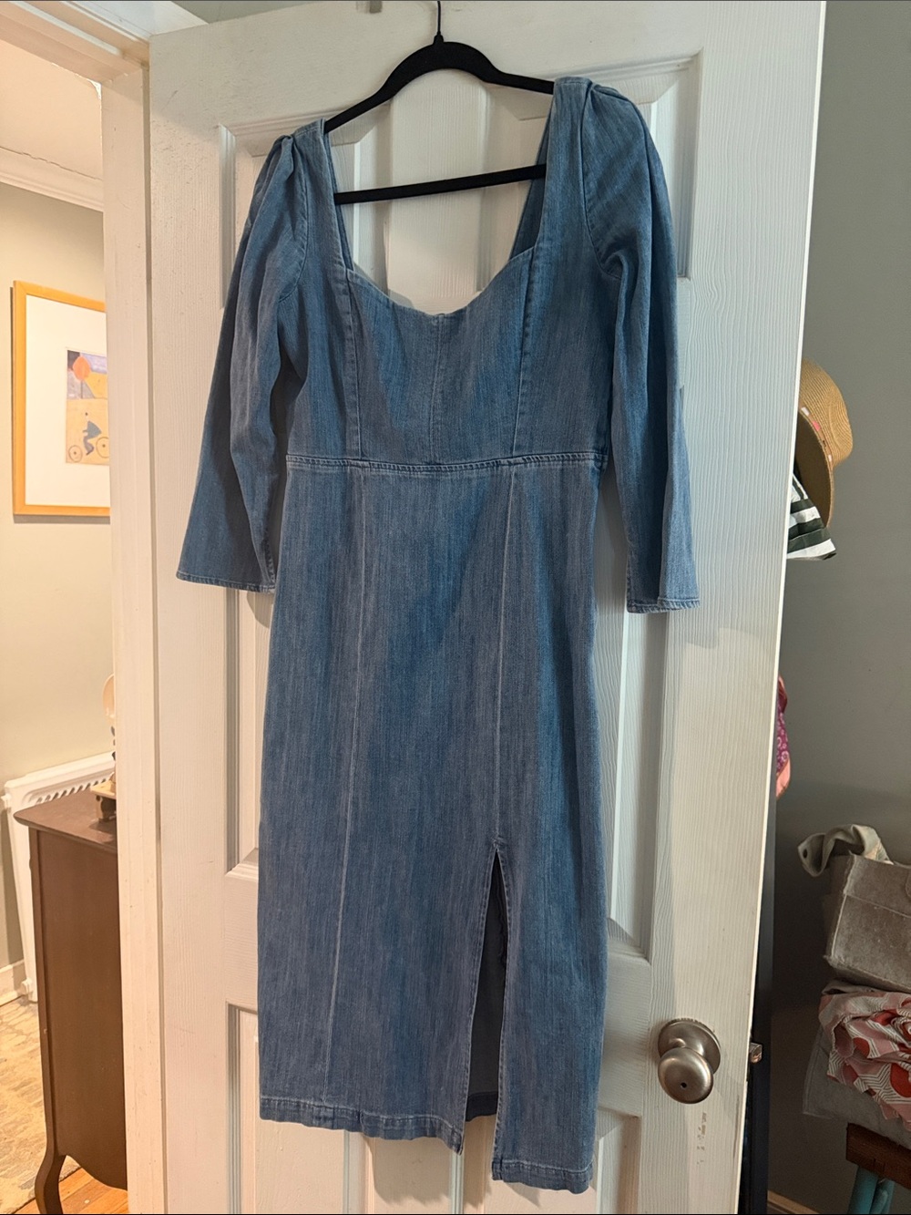 Light Blue Denim Midi Dress with Front Slit